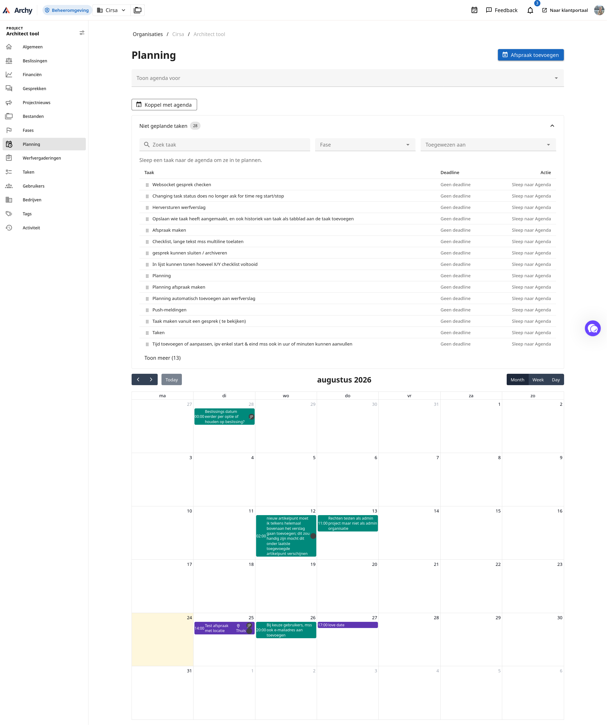 Planning en kalender in Archy
